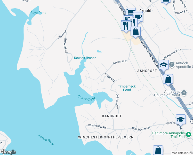 map of restaurants, bars, coffee shops, grocery stores, and more near 162 Severn Way in Arnold