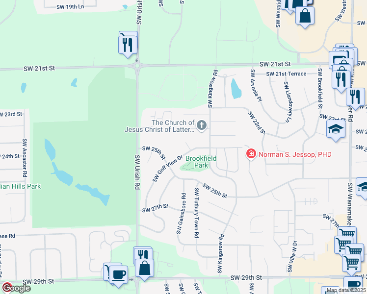 map of restaurants, bars, coffee shops, grocery stores, and more near 2438 Southwest Golf View Court in Topeka