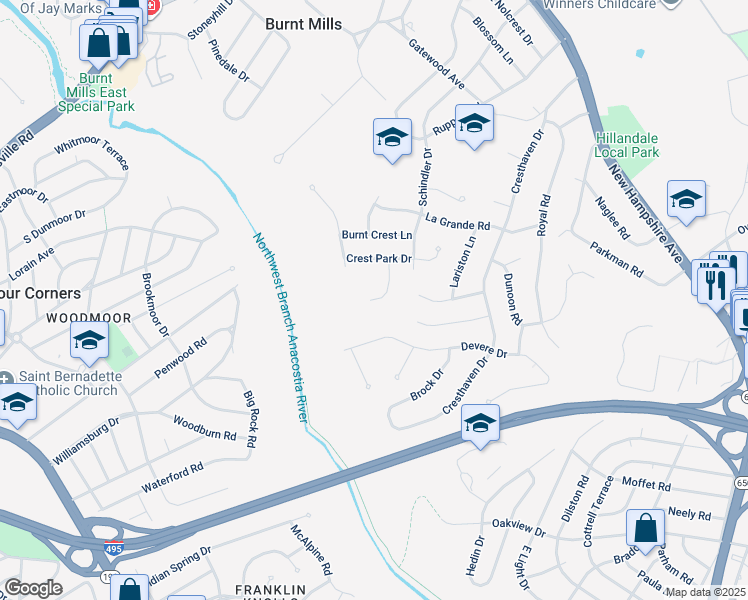 map of restaurants, bars, coffee shops, grocery stores, and more near 50 Crest Park Court in Silver Spring