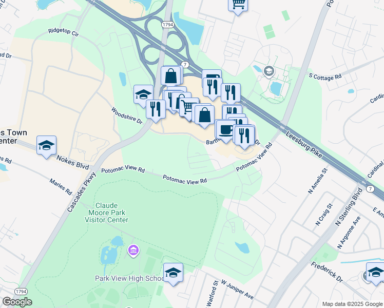 map of restaurants, bars, coffee shops, grocery stores, and more near 46270 Mount Allen Terrace in Sterling