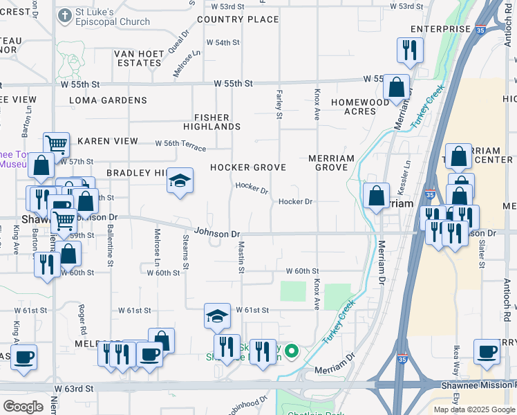 map of restaurants, bars, coffee shops, grocery stores, and more near in Shawnee