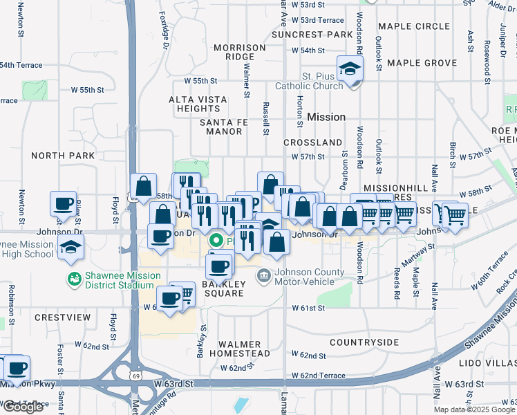 map of restaurants, bars, coffee shops, grocery stores, and more near 5814 Russell Street in Mission