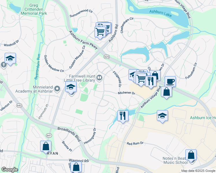 map of restaurants, bars, coffee shops, grocery stores, and more near 43785 Haley Court in Ashburn