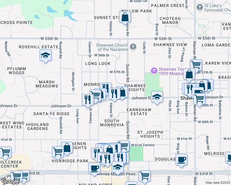 map of restaurants, bars, coffee shops, grocery stores, and more near 11915 West 57th Terrace in Shawnee
