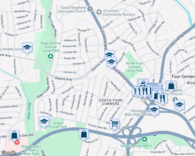 map of restaurants, bars, coffee shops, grocery stores, and more near 10129 Dallas Avenue in Silver Spring
