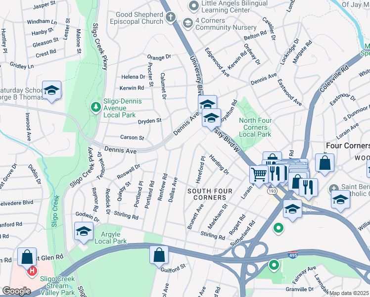 map of restaurants, bars, coffee shops, grocery stores, and more near 10129 Dallas Avenue in Silver Spring