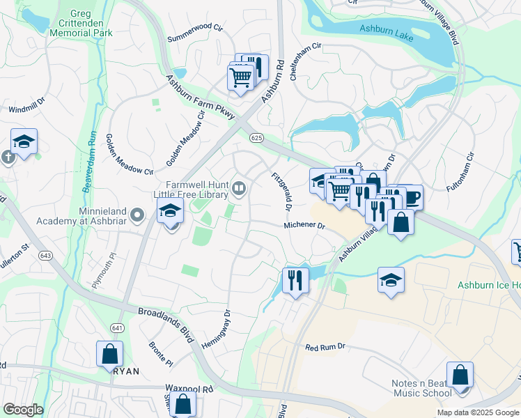 map of restaurants, bars, coffee shops, grocery stores, and more near 43785 Haley Court in Ashburn