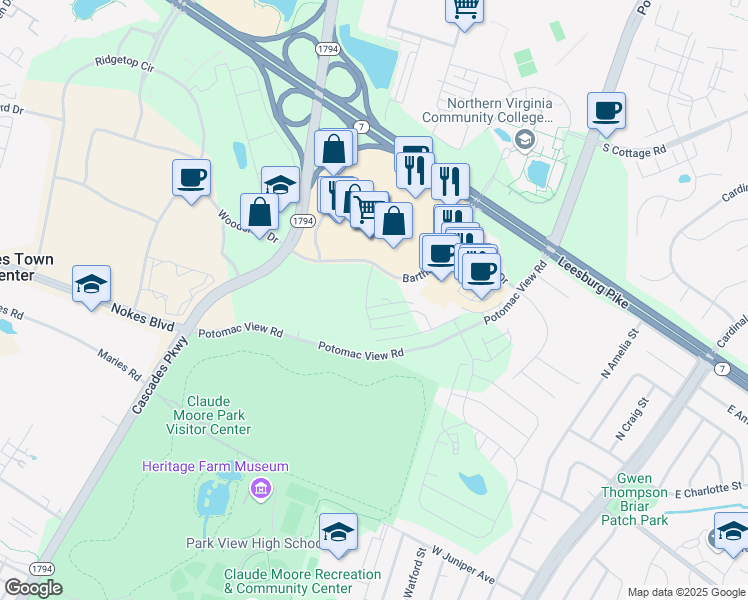 map of restaurants, bars, coffee shops, grocery stores, and more near 46270 Mount Allen Terrace in Sterling