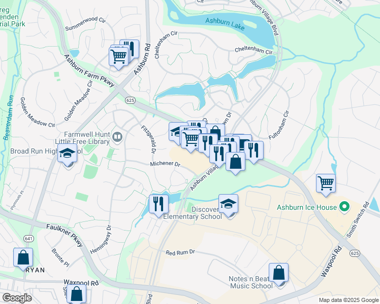 map of restaurants, bars, coffee shops, grocery stores, and more near 43930 Farmwell Hunt Plaza in Ashburn