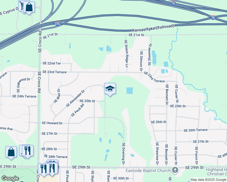 map of restaurants, bars, coffee shops, grocery stores, and more near 2410 Southeast Burton Street in Topeka
