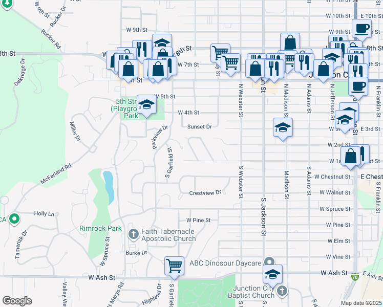 map of restaurants, bars, coffee shops, grocery stores, and more near 68 Riley Manor Circle in Junction City