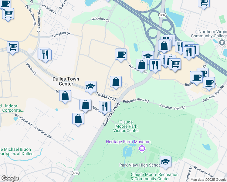 map of restaurants, bars, coffee shops, grocery stores, and more near Manekin Plaza in Sterling