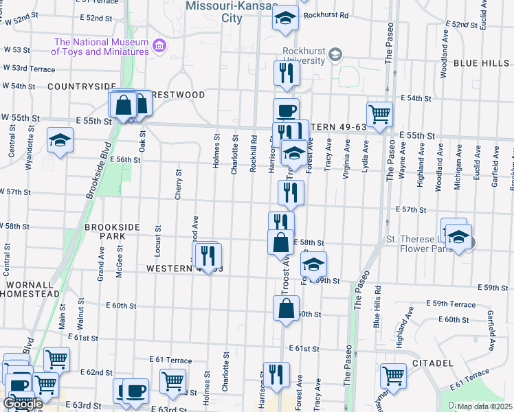 map of restaurants, bars, coffee shops, grocery stores, and more near 5638 Rockhill Road in Kansas City