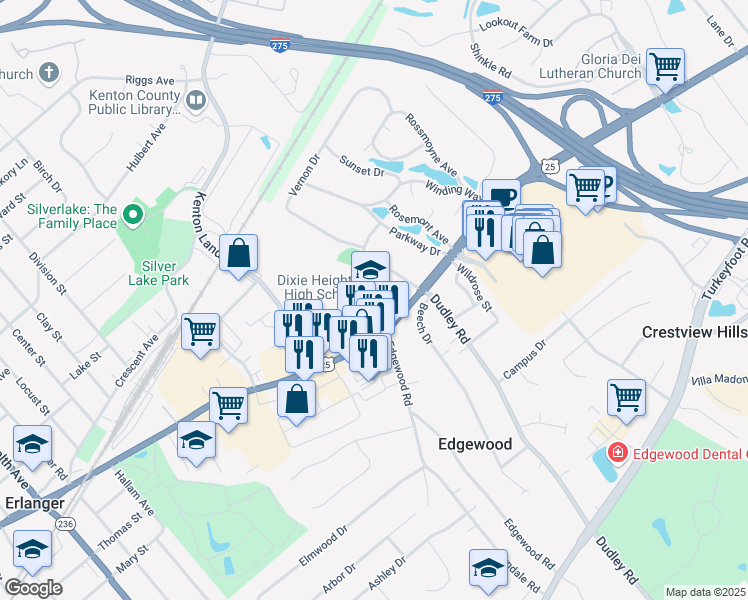 map of restaurants, bars, coffee shops, grocery stores, and more near 3010 Dixie Highway in Edgewood