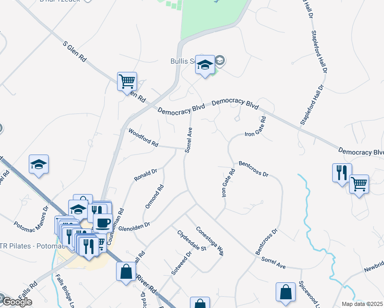 map of restaurants, bars, coffee shops, grocery stores, and more near 10129 Sorrel Avenue in Potomac