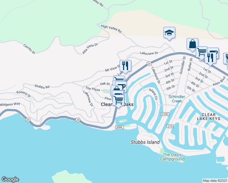 map of restaurants, bars, coffee shops, grocery stores, and more near 12530 Foothill Boulevard in Clearlake Oaks