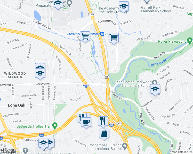 map of restaurants, bars, coffee shops, grocery stores, and more near 10101 Grosvenor Place in Rockville