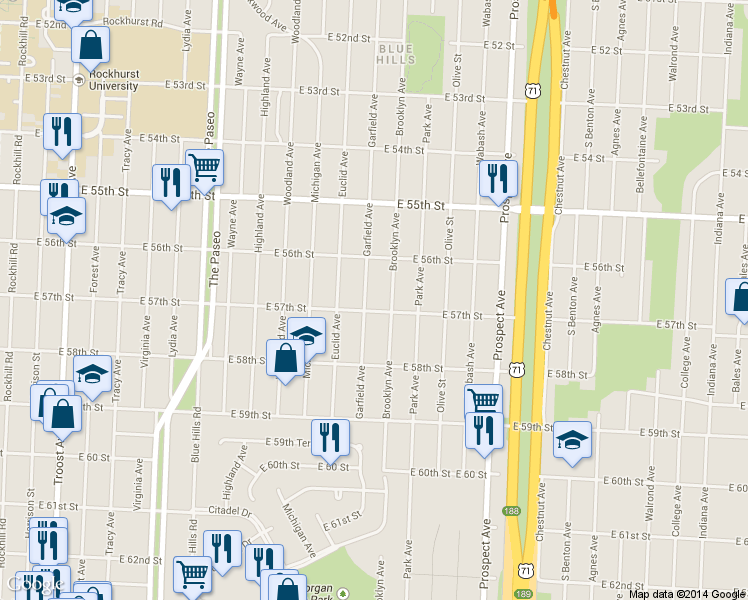 map of restaurants, bars, coffee shops, grocery stores, and more near 5624 Garfield Avenue in Kansas City