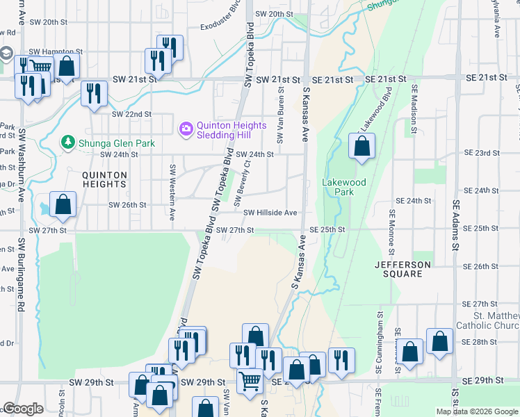 map of restaurants, bars, coffee shops, grocery stores, and more near 305 Southwest Country Club Drive in Topeka
