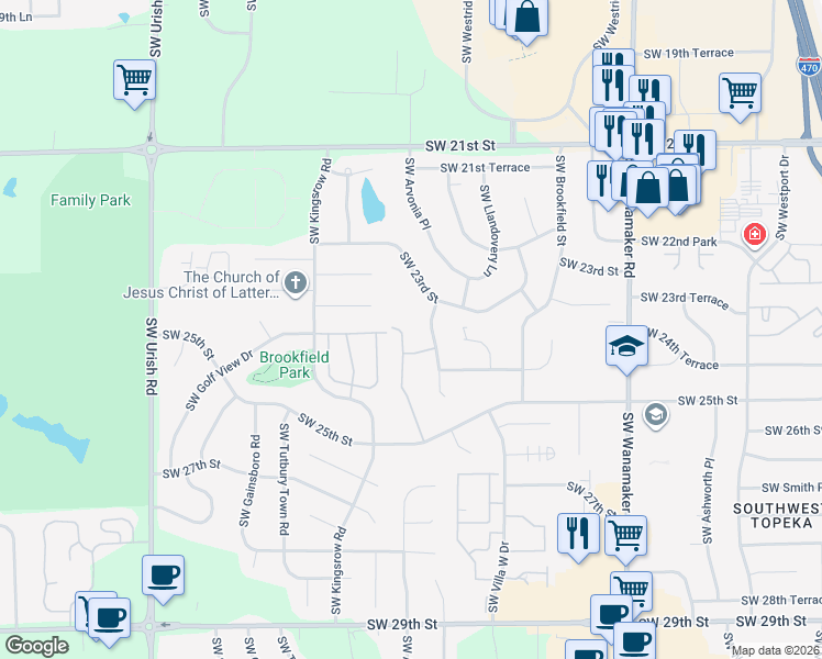 map of restaurants, bars, coffee shops, grocery stores, and more near 2403 Southwest Pepperwood Road in Topeka