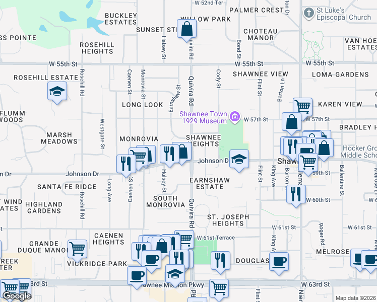 map of restaurants, bars, coffee shops, grocery stores, and more near 5741 Quivira Road in Shawnee