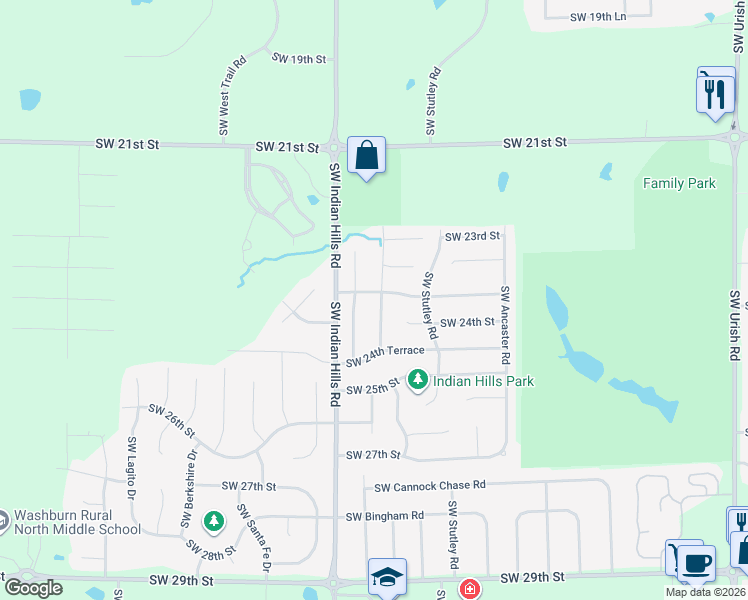 map of restaurants, bars, coffee shops, grocery stores, and more near 2322 Southwest Romar Road in Topeka