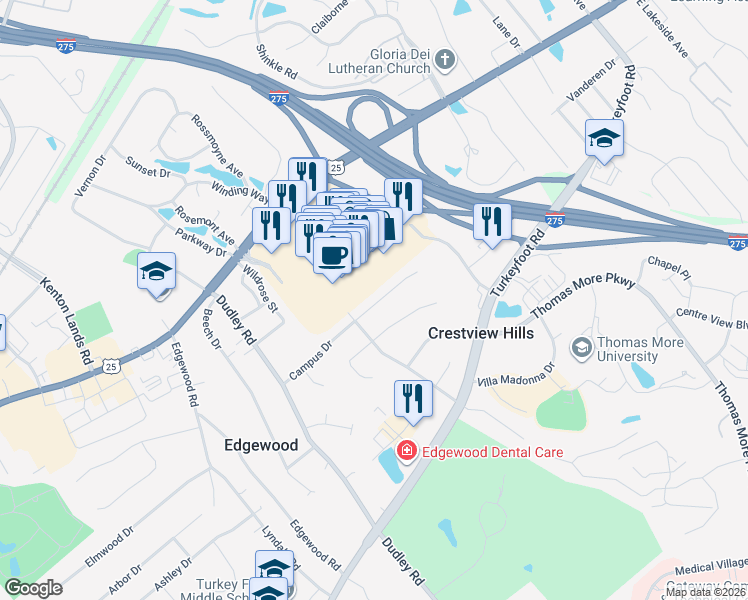 map of restaurants, bars, coffee shops, grocery stores, and more near 2857 Town Center Boulevard in Crestview Hills
