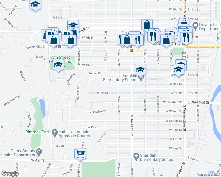 map of restaurants, bars, coffee shops, grocery stores, and more near 4 Lincoln Circle in Junction City