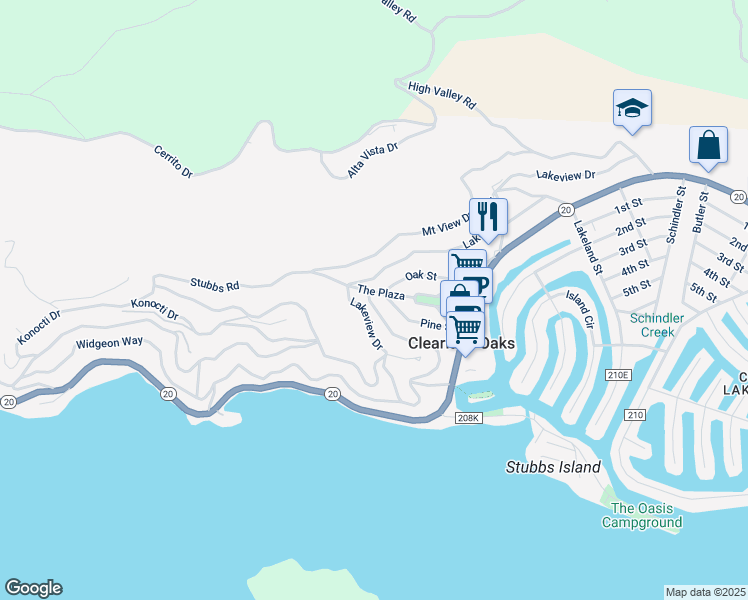 map of restaurants, bars, coffee shops, grocery stores, and more near 12386 The Plaza in Clearlake Oaks