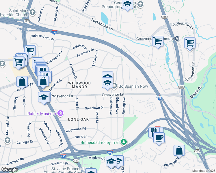 map of restaurants, bars, coffee shops, grocery stores, and more near 5701 Grosvenor Lane in Bethesda