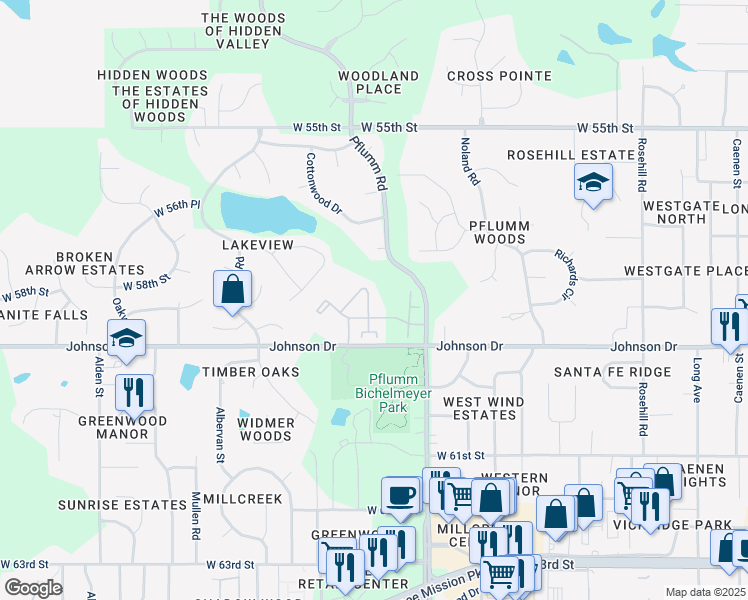 map of restaurants, bars, coffee shops, grocery stores, and more near 5805 Park Circle in Shawnee