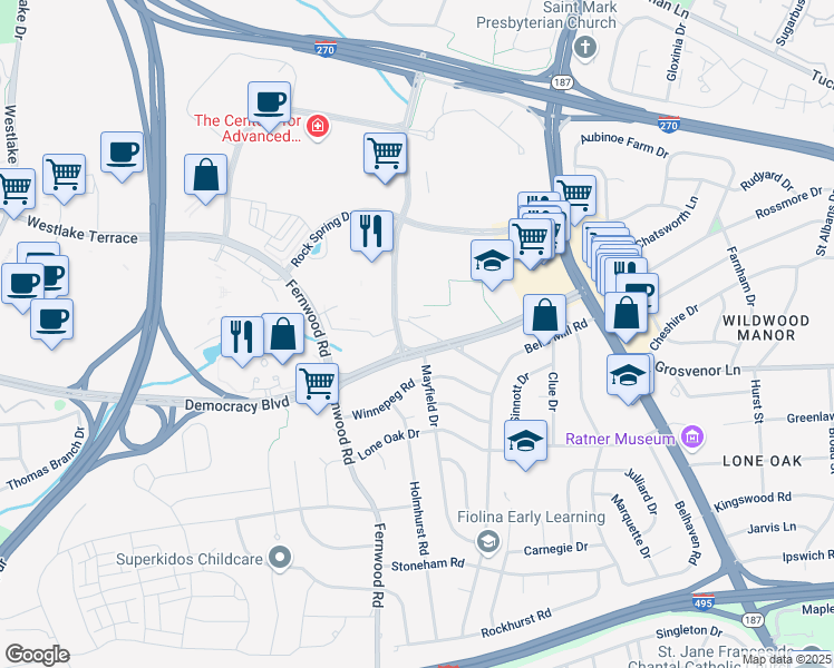 map of restaurants, bars, coffee shops, grocery stores, and more near 6506 Bells Mill Road in Bethesda