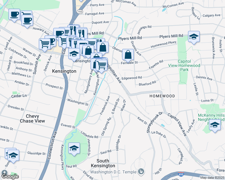 map of restaurants, bars, coffee shops, grocery stores, and more near 10219 Frederick Avenue in Kensington
