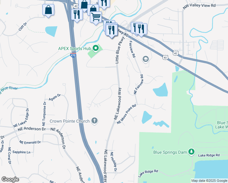 map of restaurants, bars, coffee shops, grocery stores, and more near 963 Northeast Devon Drive in Lee's Summit
