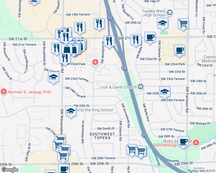 map of restaurants, bars, coffee shops, grocery stores, and more near 5820 Southwest Candletree Drive in Topeka