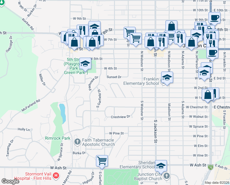 map of restaurants, bars, coffee shops, grocery stores, and more near 41 Riley Manor Circle in Junction City