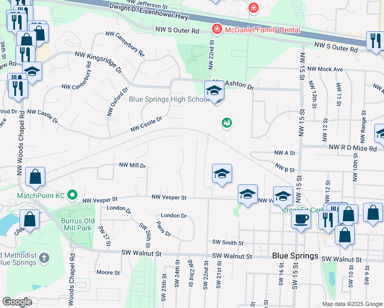 map of restaurants, bars, coffee shops, grocery stores, and more near 321 Northwest 22nd Street Terrace in Blue Springs
