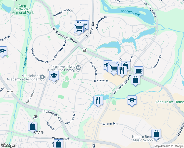 map of restaurants, bars, coffee shops, grocery stores, and more near 43800 Haley Court in Ashburn