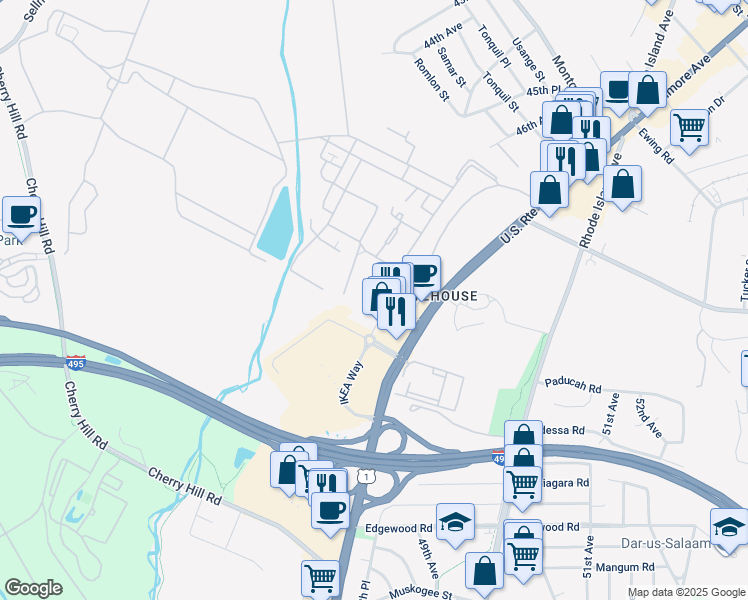 map of restaurants, bars, coffee shops, grocery stores, and more near 9600 Milestone Way in College Park