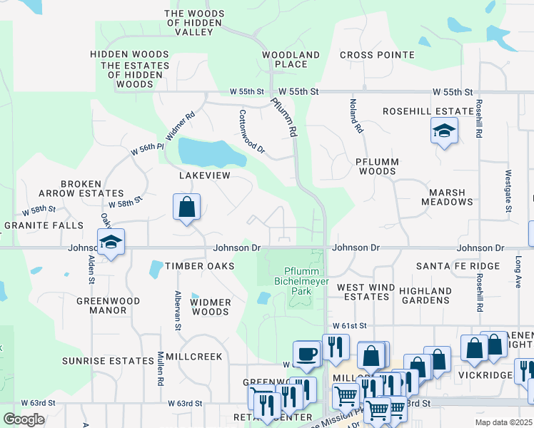 map of restaurants, bars, coffee shops, grocery stores, and more near 5828 Park Circle in Shawnee