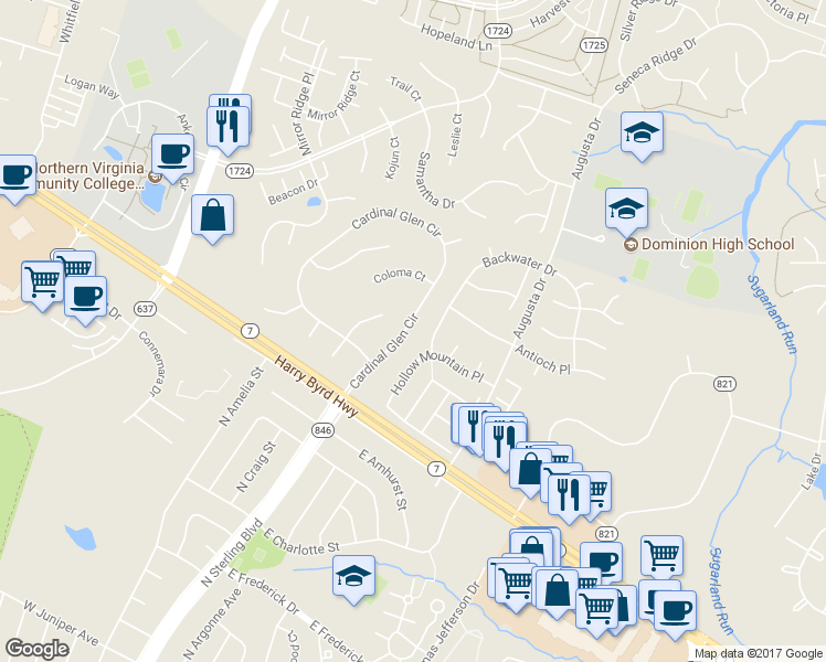 map of restaurants, bars, coffee shops, grocery stores, and more near 113 Cardinal Glen Circle in Sterling