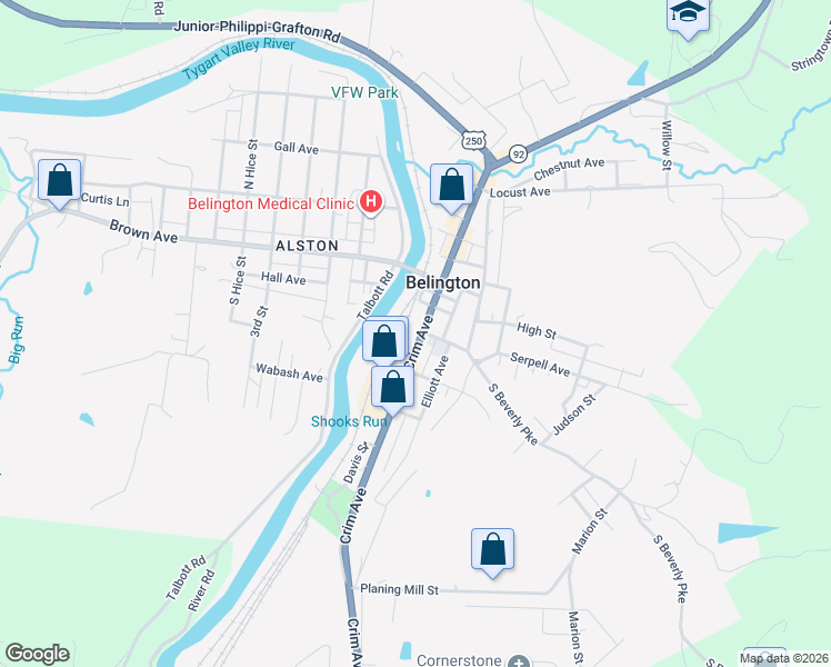 map of restaurants, bars, coffee shops, grocery stores, and more near 88 Crim Ave in Belington