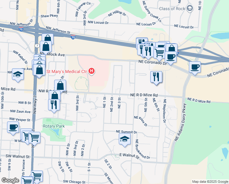 map of restaurants, bars, coffee shops, grocery stores, and more near 705 Northeast 2nd Street in Blue Springs