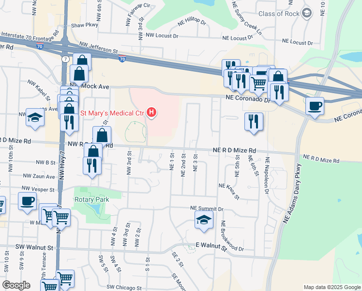 map of restaurants, bars, coffee shops, grocery stores, and more near 705 Northeast 2nd Street in Blue Springs