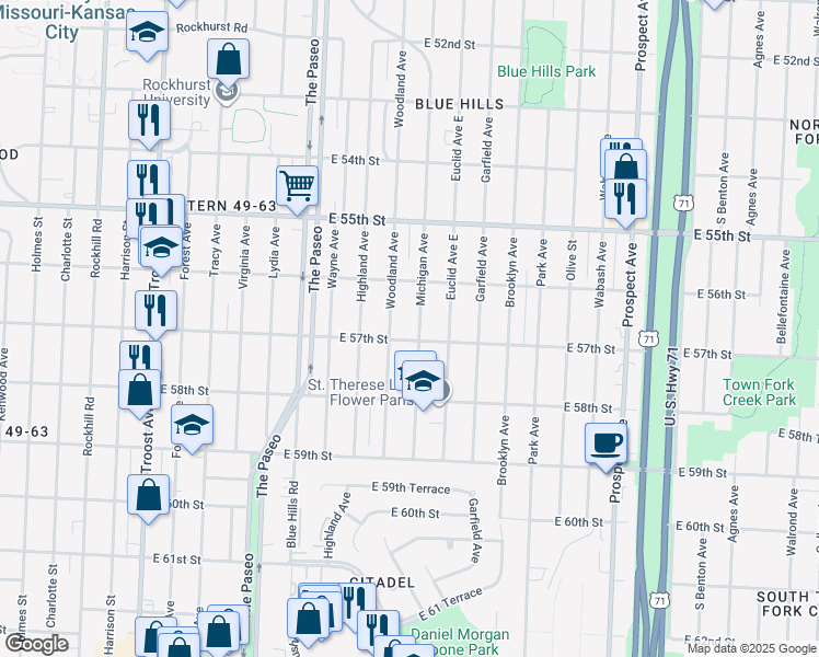 map of restaurants, bars, coffee shops, grocery stores, and more near 5625 Woodland Avenue in Kansas City