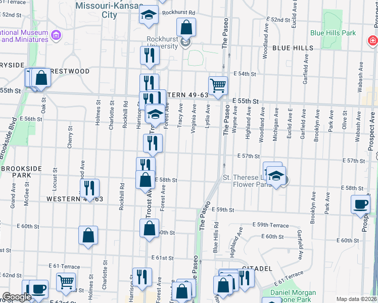 map of restaurants, bars, coffee shops, grocery stores, and more near 5631 Virginia Avenue in Kansas City