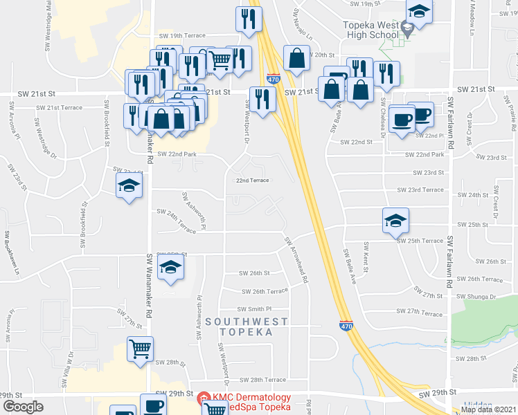 map of restaurants, bars, coffee shops, grocery stores, and more near 5810 Southwest Candletree Drive in Topeka
