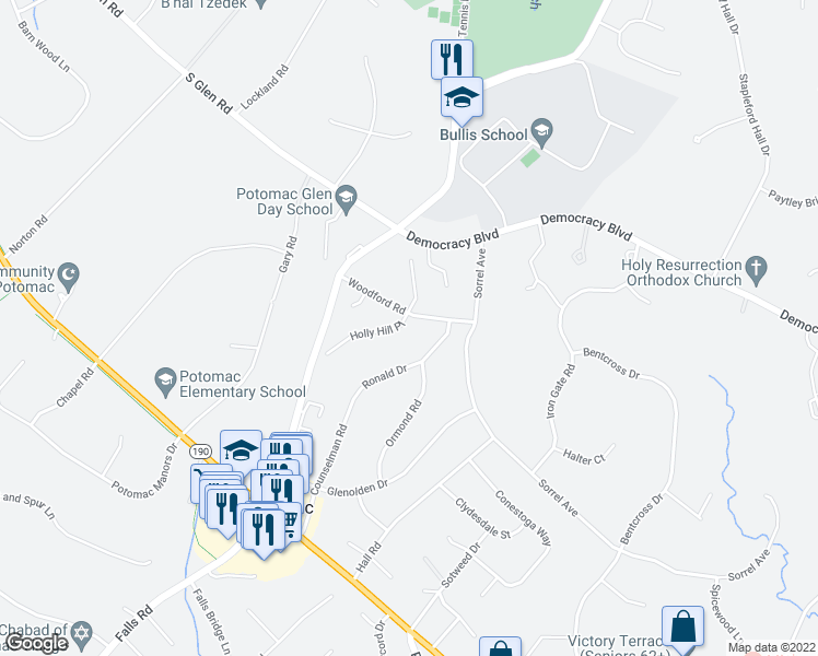 map of restaurants, bars, coffee shops, grocery stores, and more near 10237 Holly Hill Place in Potomac