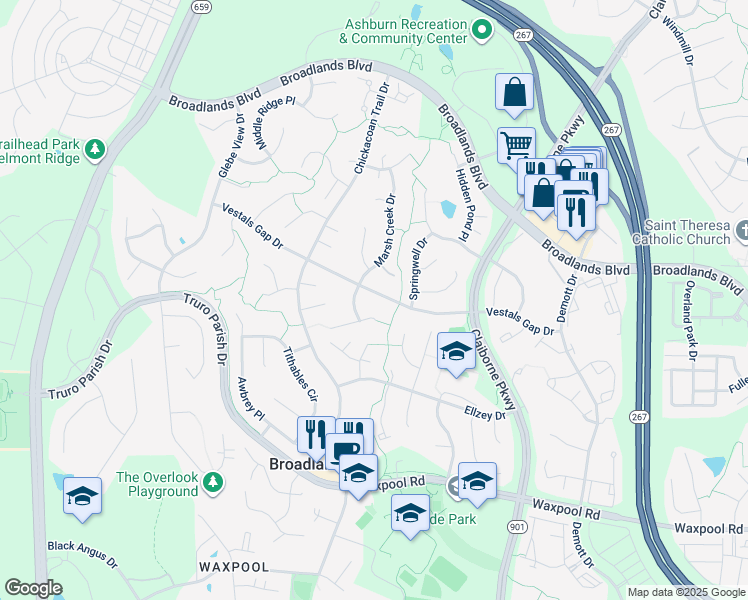map of restaurants, bars, coffee shops, grocery stores, and more near 42857 Vestals Gap Drive in Broadlands