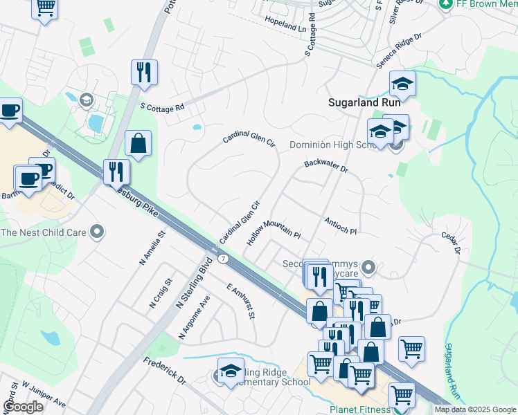 map of restaurants, bars, coffee shops, grocery stores, and more near 113 Cardinal Glen Circle in Sterling